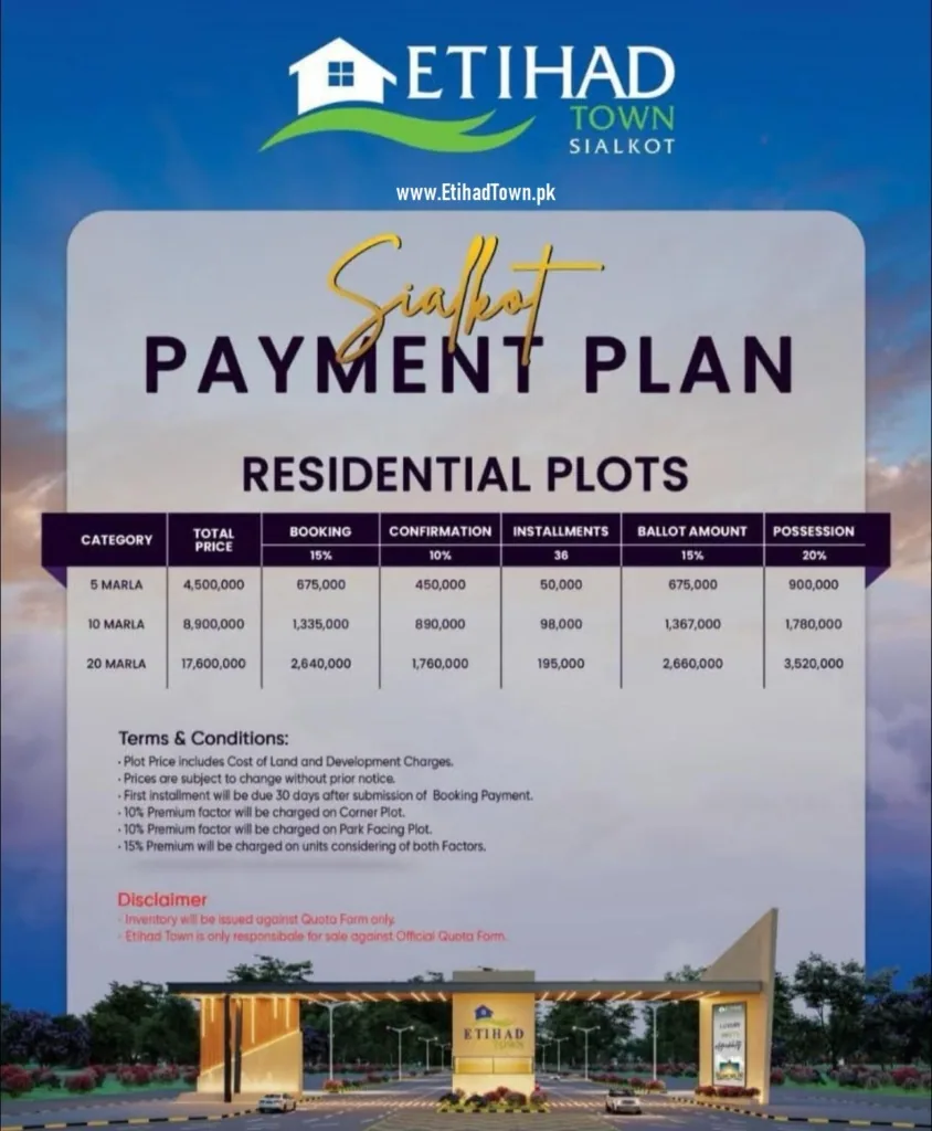 Etihad Town Sialkot payment plan